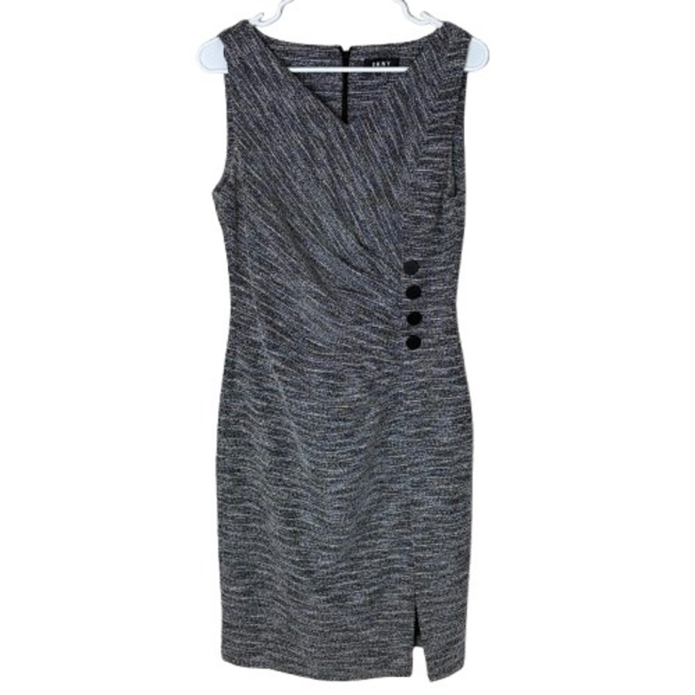 DKNY Tweed Sheath Dress Black Gray Side Button Sleeveless V-Neck Chic‎ Size 10